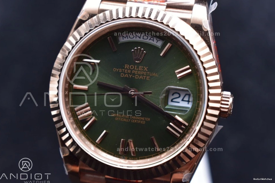 DayDate Markers FashionForward Steel Bracelet RG Roman V 904L on Tungsten GMF President 40 Weighted Dial 709 A2836 Green 1026